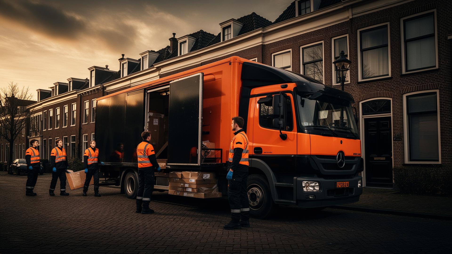 Spoedopruiming team laadt een oranje vrachtwagen in